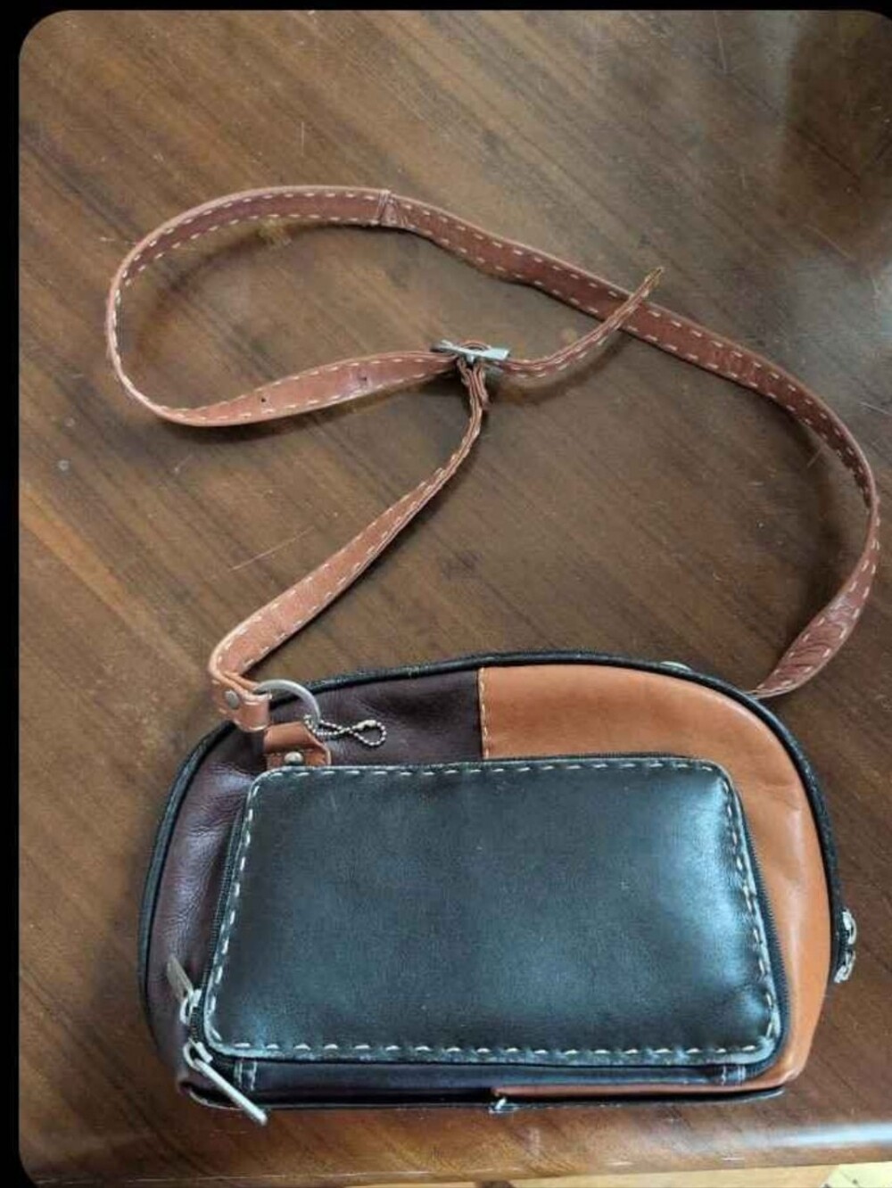 Two-Tone Brown and Tan Patchwork Leather Crossbody Bag